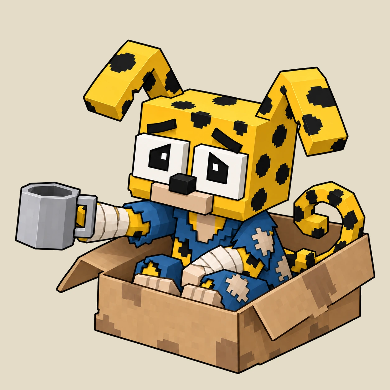 Trench mascot holding out a mug for tips
